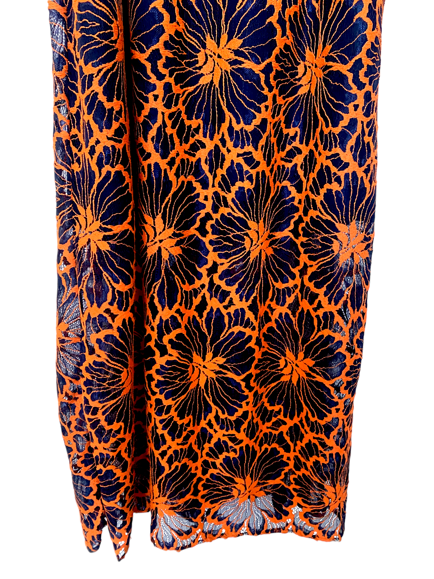 CUE Cue Contrast Floral Midi Dress | Lace Overlay, Navy & Orange, Partial Lining