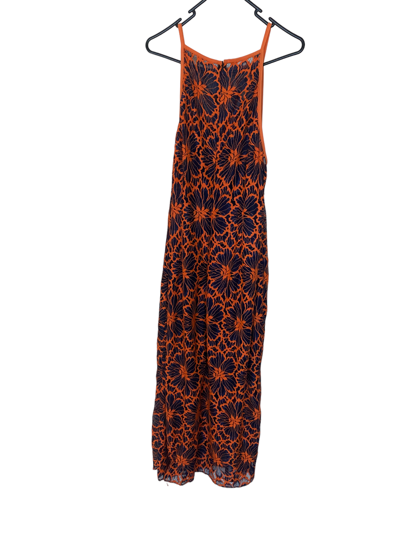 CUE Cue Contrast Floral Midi Dress | Lace Overlay, Navy & Orange, Partial Lining