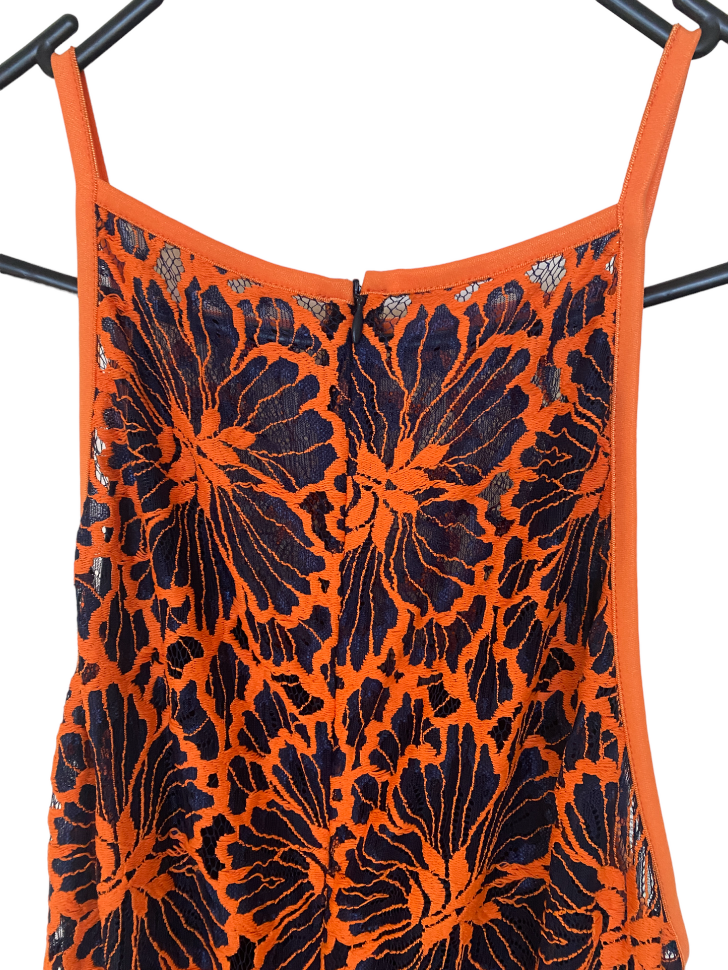 CUE Cue Contrast Floral Midi Dress | Lace Overlay, Navy & Orange, Partial Lining