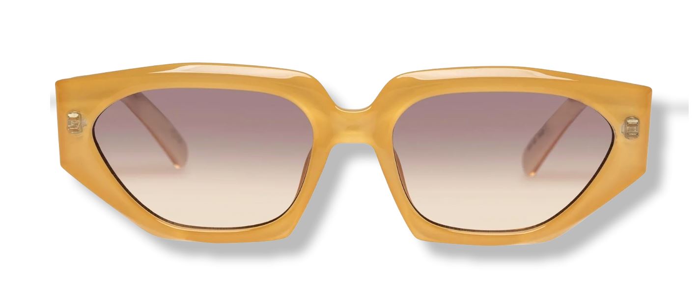 A pair of Le Specs MAJOR! sunglasses in a pale yellow color with a metallic finish, featuring a square full frame design and crystal embellishments on the left arm.