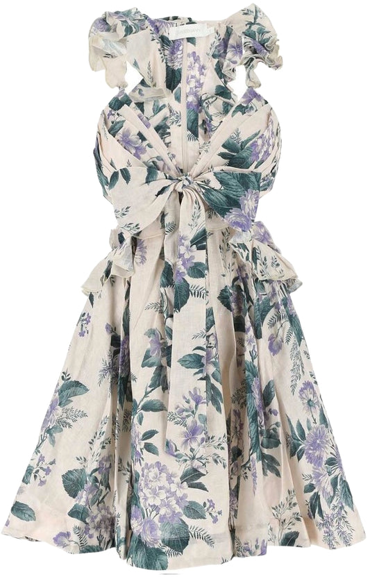 Zimmermann Cassia Ruffle Mini Dress | Hydrangea Floral, Party, Linen, Open Back
