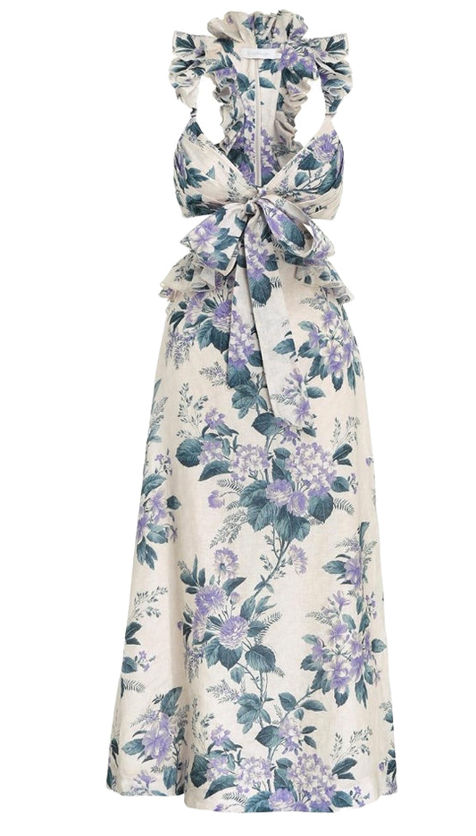 Zimmermann Cassia Ruffle Midi Dress | Hydrangea Floral, Party, Linen, Open Back