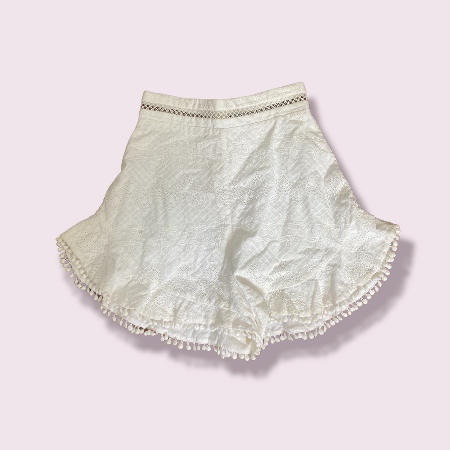 Zimmermann White Anglaise Lace Shorts | 100% cotton, White, Picot Hem, Size 0,