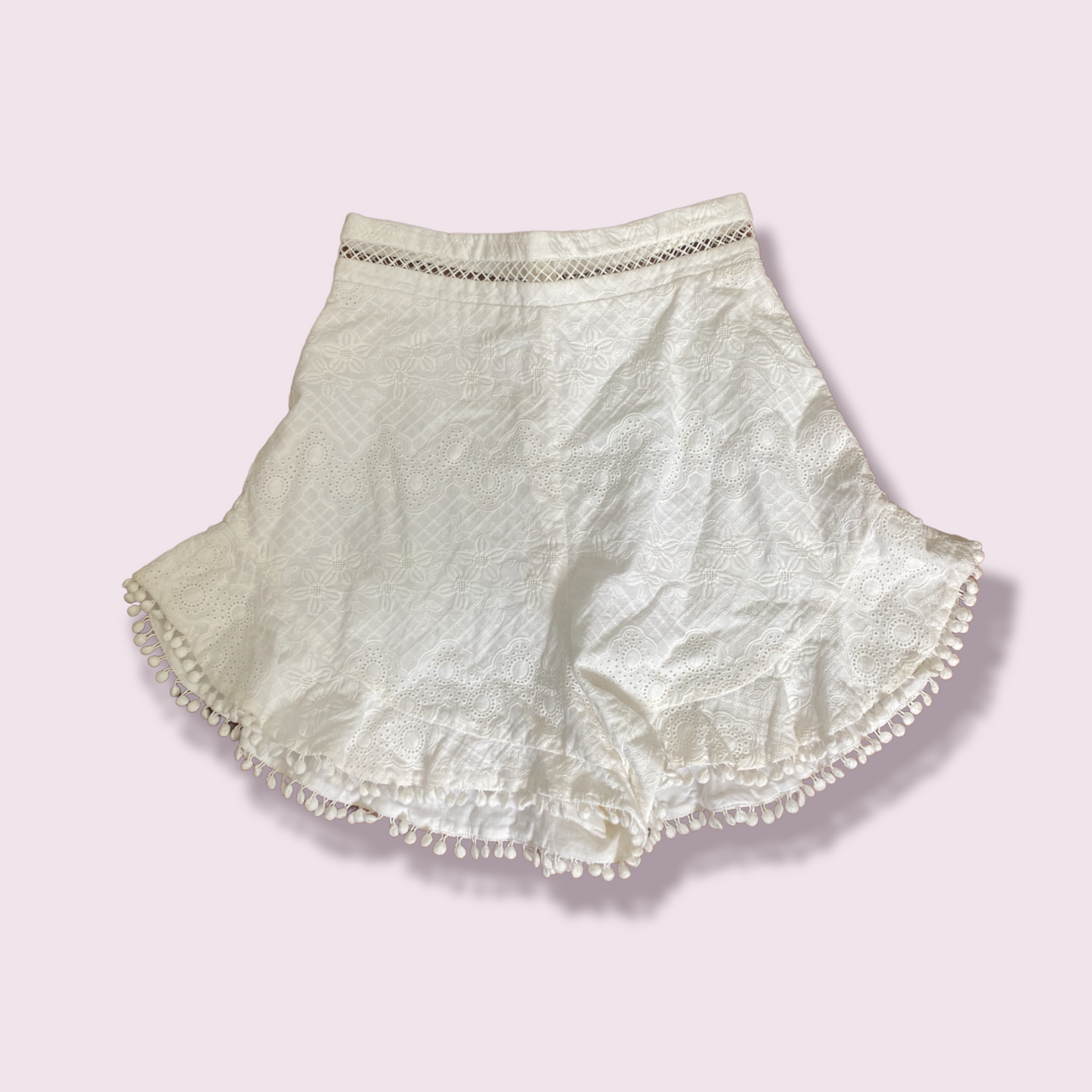 Zimmermann White Anglaise Lace Shorts | 100% cotton, White, Picot Hem, Size 0,