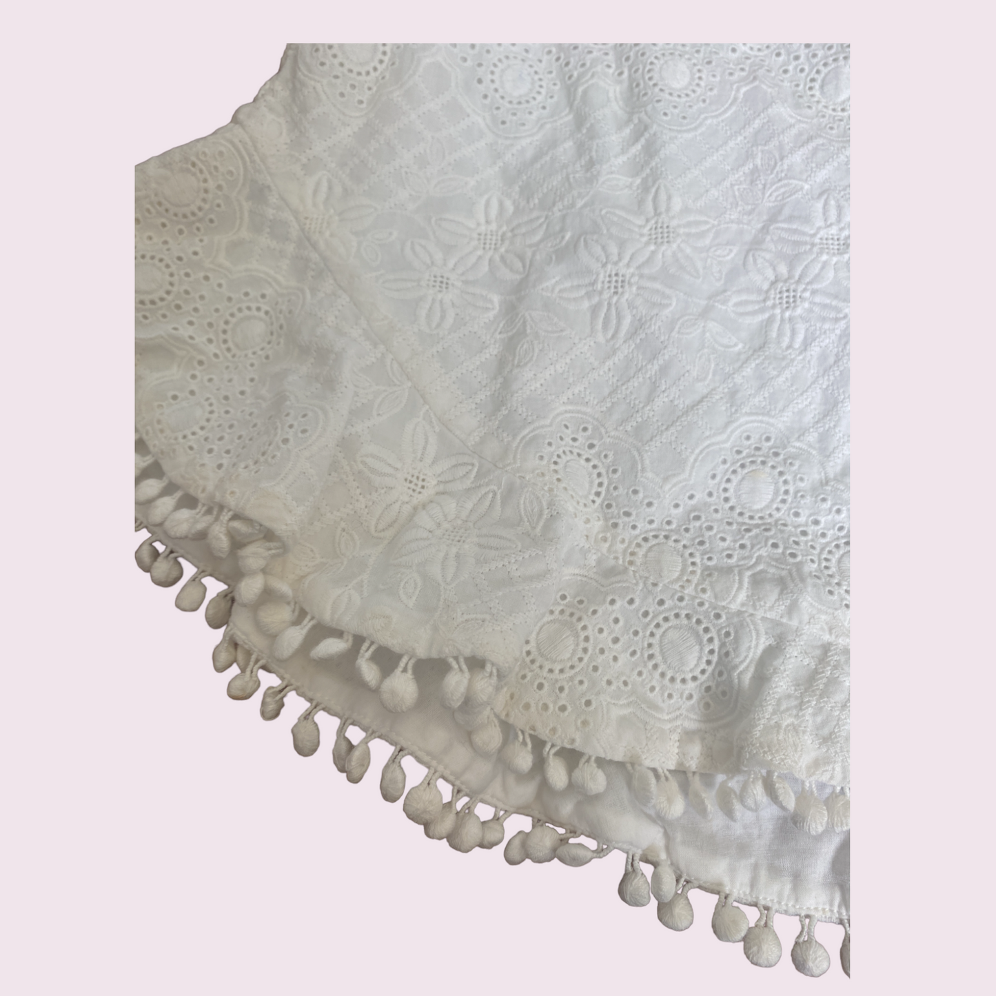 Zimmermann White Anglaise Lace Shorts | 100% cotton, White, Picot Hem, Size 0,