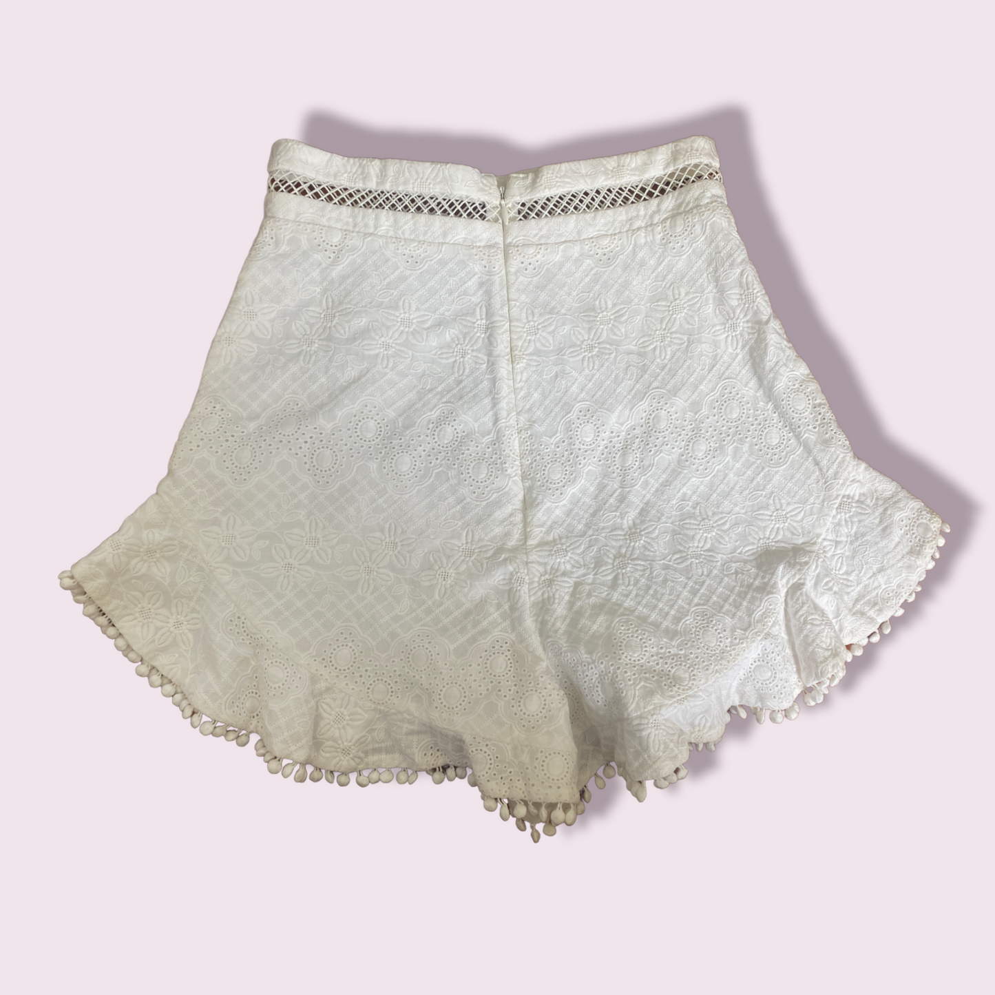 Zimmermann White Anglaise Lace Shorts | 100% cotton, White, Picot Hem, Size 0,