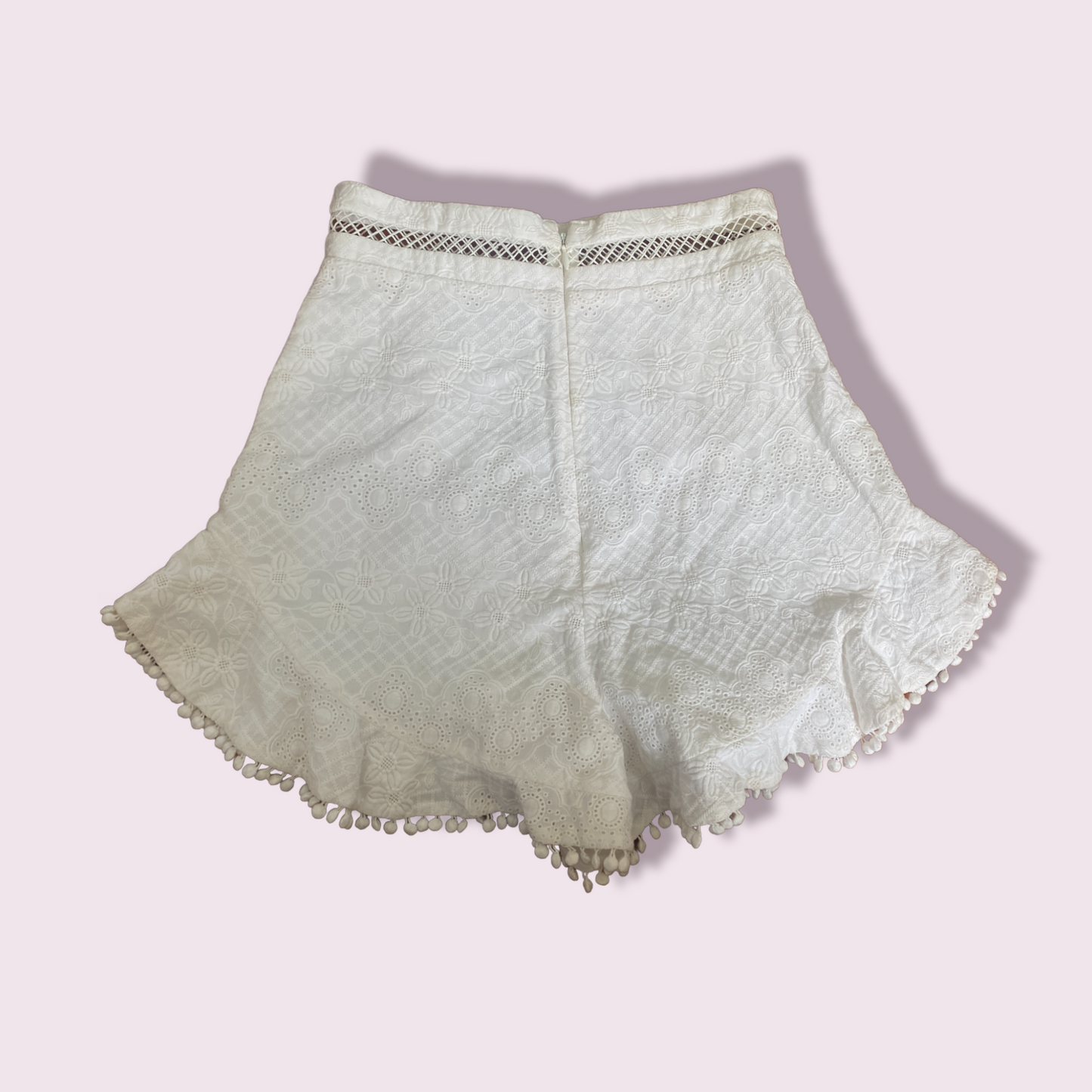 Zimmermann White Anglaise Lace Shorts | 100% cotton, White, Picot Hem, Size 0,