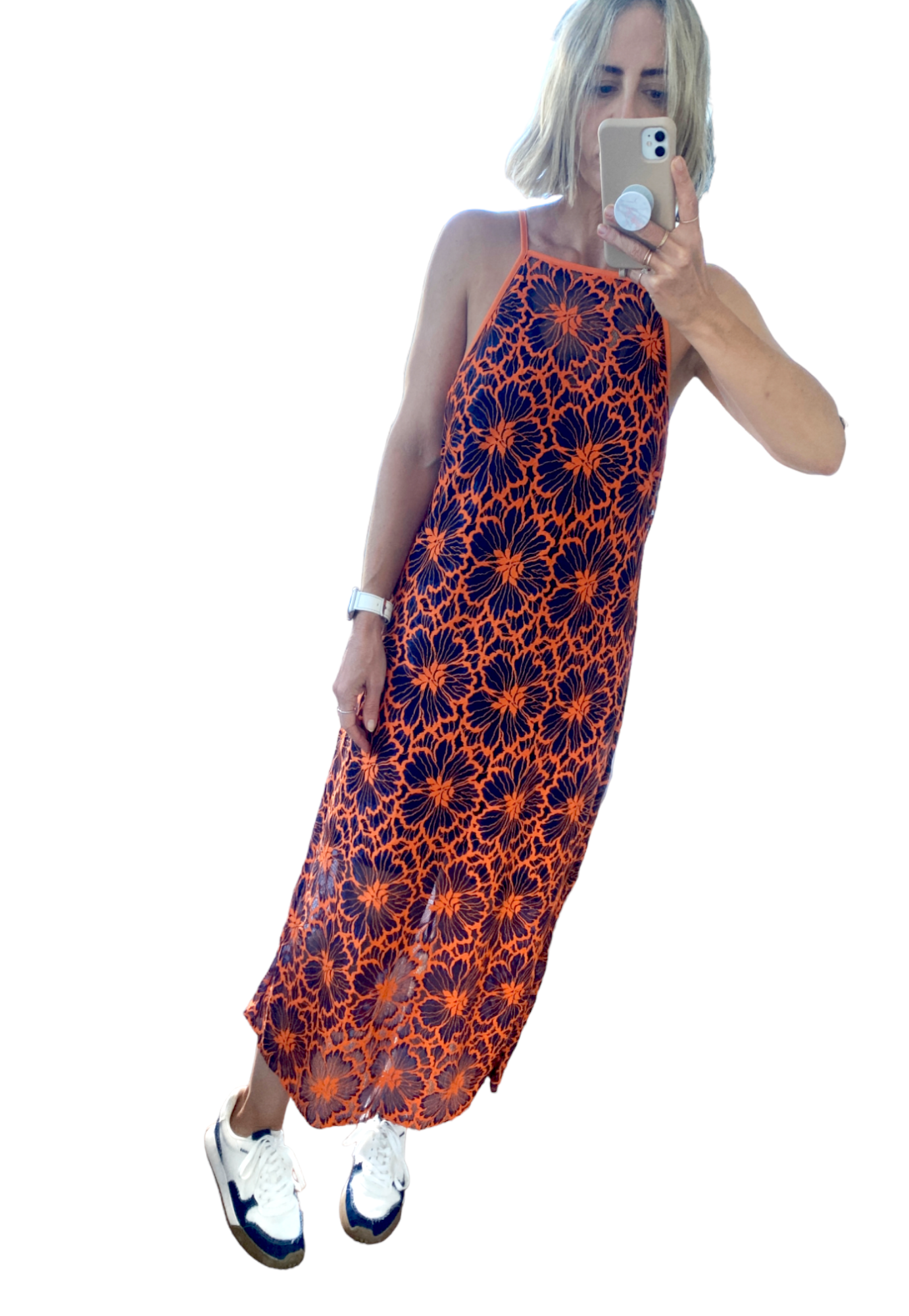 CUE Cue Contrast Floral Midi Dress | Lace Overlay, Navy & Orange, Partial Lining