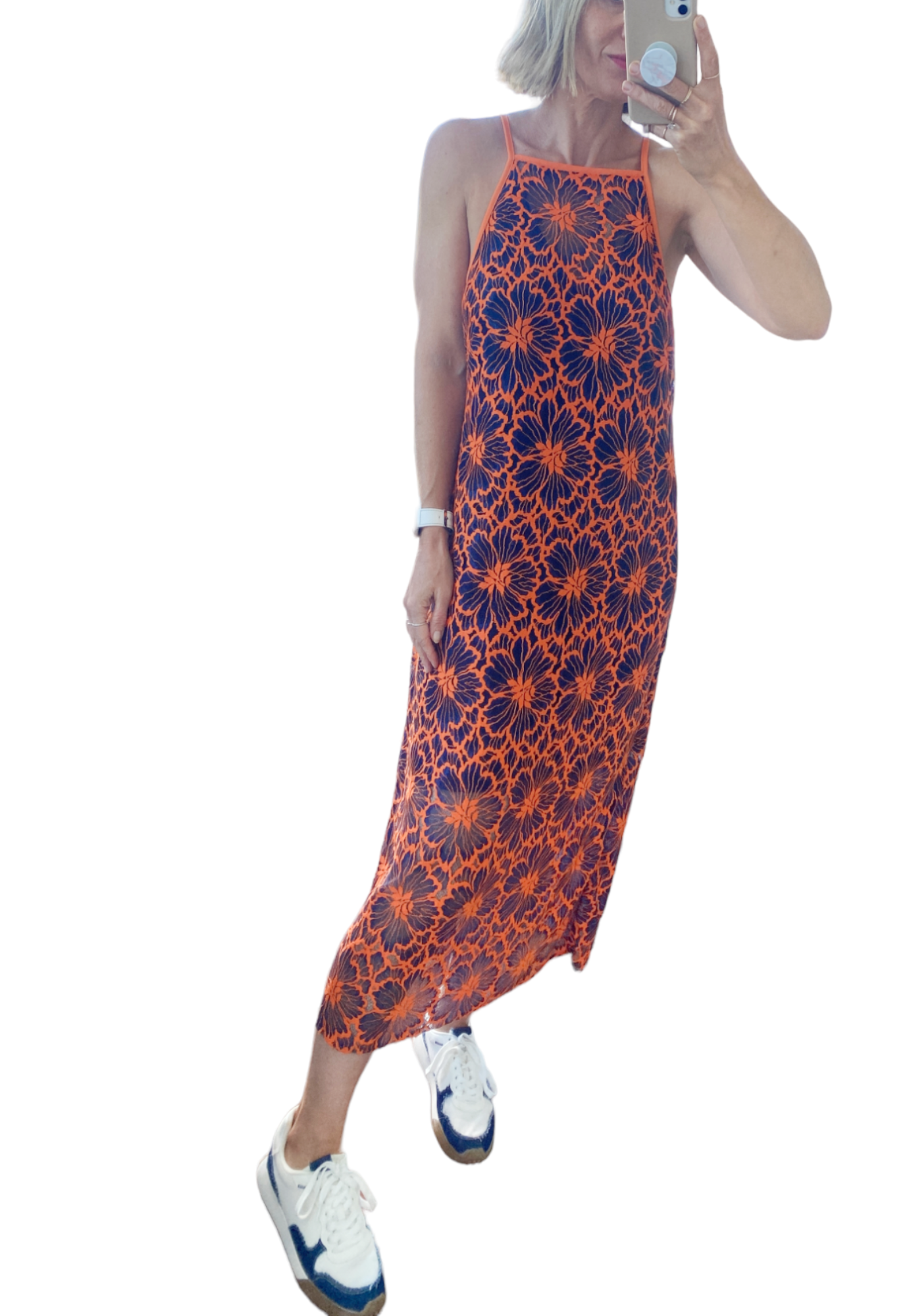 CUE Cue Contrast Floral Midi Dress | Lace Overlay, Navy & Orange, Partial Lining