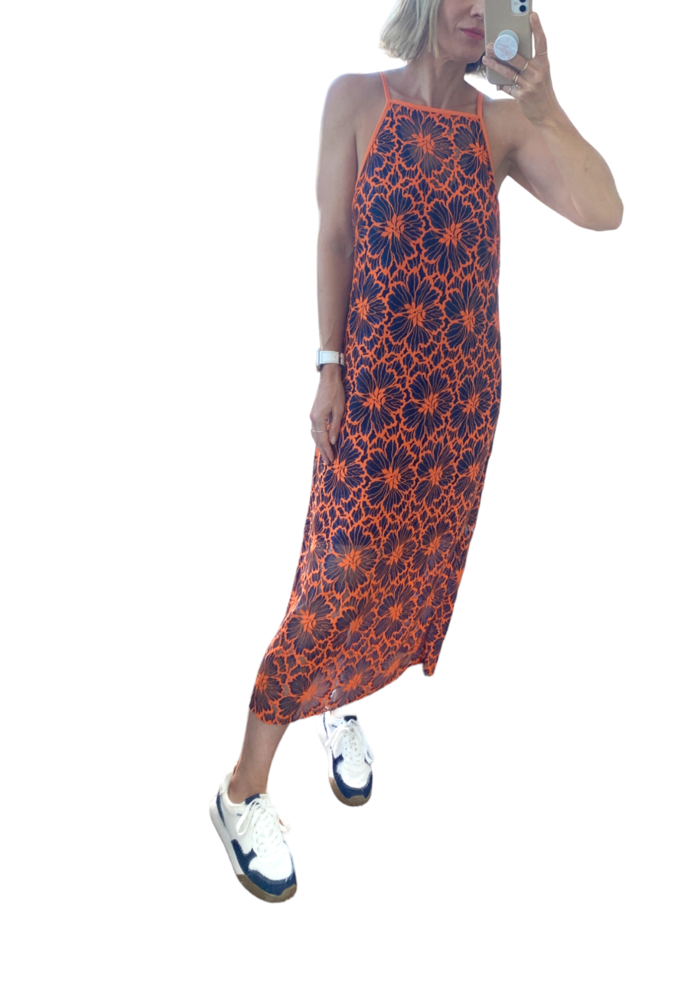 CUE Cue Contrast Floral Midi Dress | Lace Overlay, Navy & Orange, Partial Lining