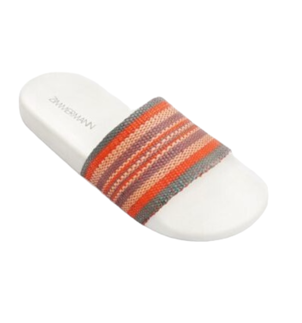 Zimmermann Woven Raffia Pool Slide | Tomato Multi | Red/White, Rubber Sole Beach