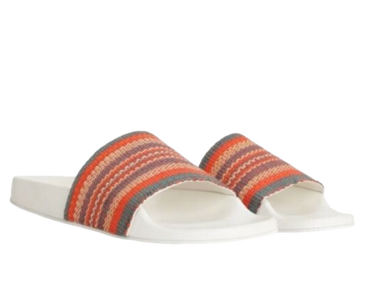 Zimmermann Woven Raffia Pool Slide | Tomato Multi | Red/White, Rubber Sole Beach