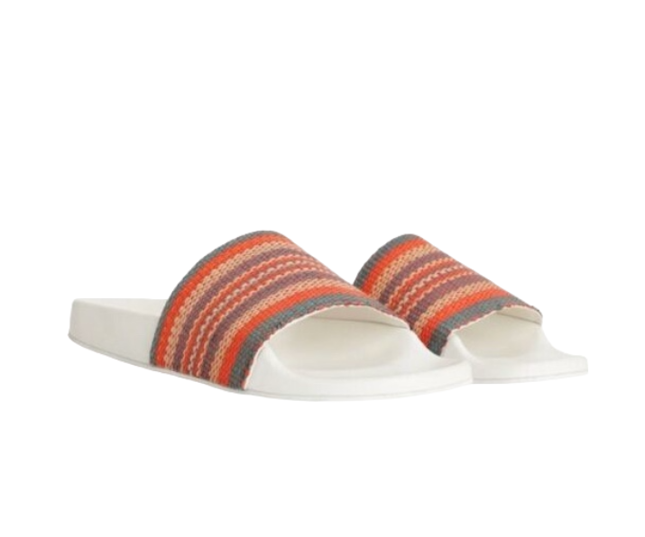 Zimmermann Woven Raffia Pool Slide | Tomato Multi | Red/White, Rubber Sole Beach