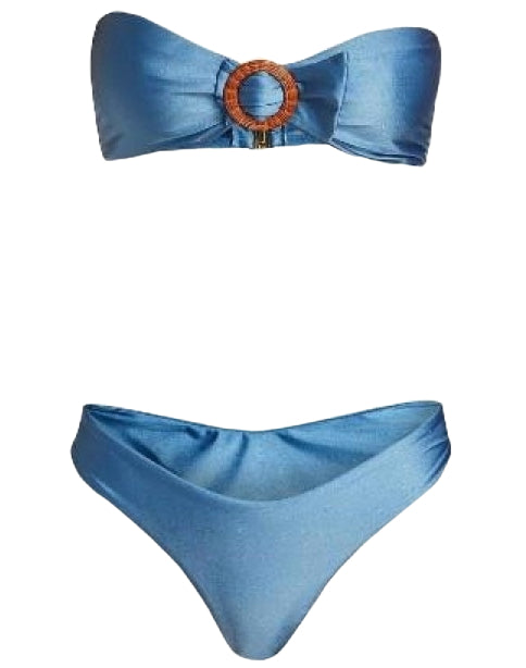 Zimmermann Riders Buckle Bandeau Bikini | Dusty Blue, Padded, Ratan Ring Clasp