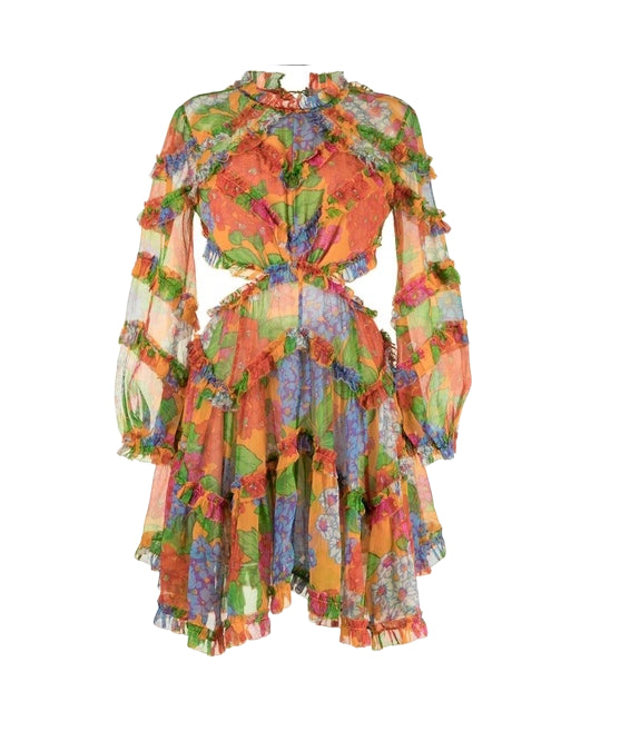 Zimmermann Riders Frill Mini Dress | Mango Floral, Open Back, Silk, $1,400 RRP