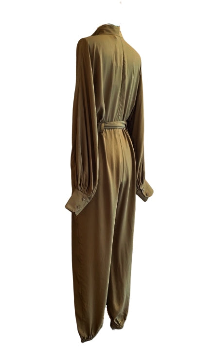 Zimmermann Scarf Tie Jumpsuit | Khaki, Belted, Puffed Dolman Sleeves, Tapered