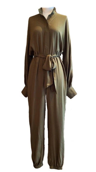 Zimmermann Scarf Tie Jumpsuit | Khaki, Belted, Puffed Dolman Sleeves, Tapered
