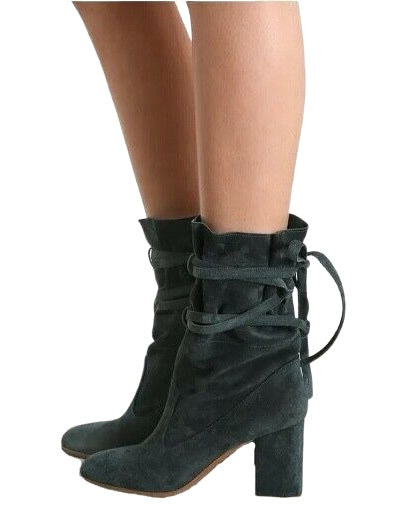 Zimmermann Tie Up Mid Boot | Bottle Green Suede, Block Heel, Self Tie $850 RP