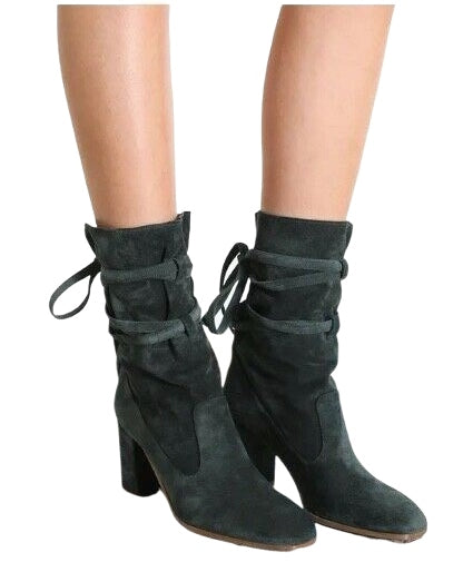 Zimmermann Tie Up Mid Boot | Bottle Green Suede, Block Heel, Self Tie $850 RP